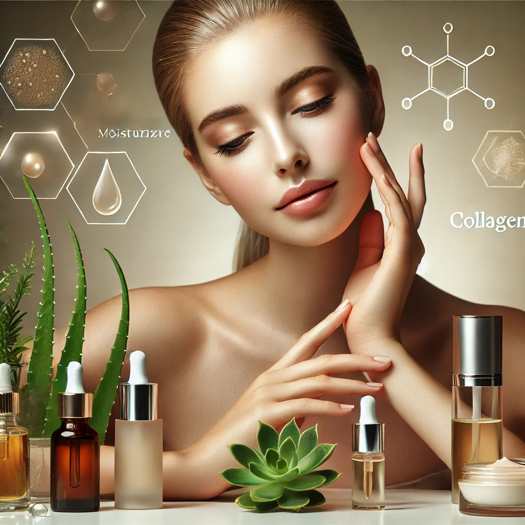 Anti-Aging Beauty Blogger applying a premium facial serum, surrounded by high-end skincare products with a soft, luxurious background featuring aloe vera and collagen