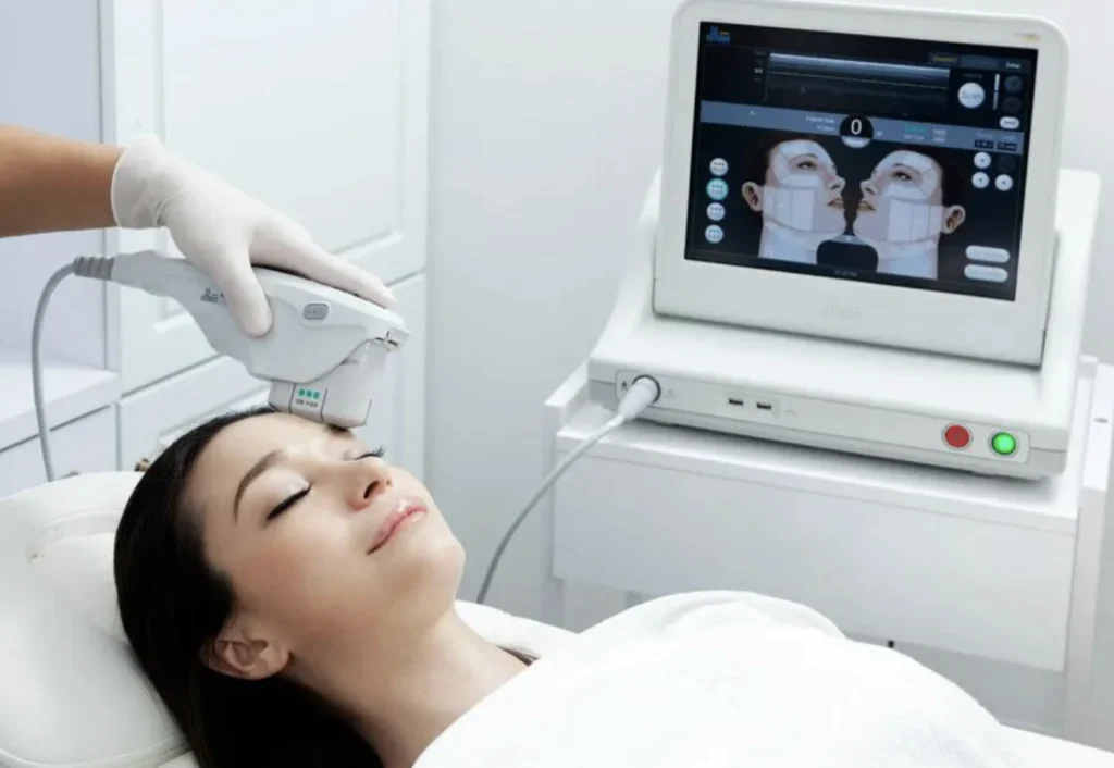 Woman receiving ultherapy treatment at the doctor's office 